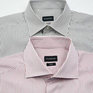 LOT of 2 Ermenegildo Zegna Stripe Dress Shirts: Red Trofeo & Gray 100 Fili 16x34